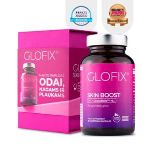 Maisto papildas GLOFIX® vitaminai, mineralai, antioksidantai odai ir plaukams „SKIN BOOST“ 1 mėnesio kursas