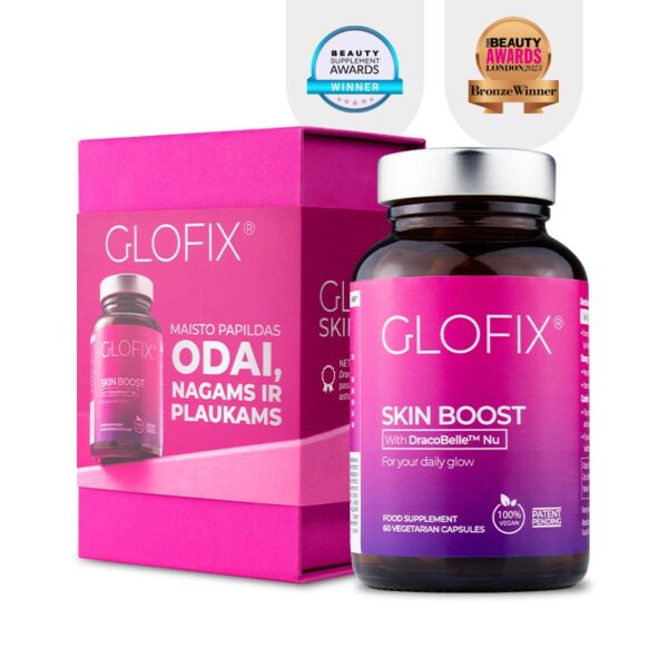 Maisto papildas GLOFIX® vitaminai, mineralai, antioksidantai odai ir plaukams „SKIN BOOST“ 1 mėnesio kursas
